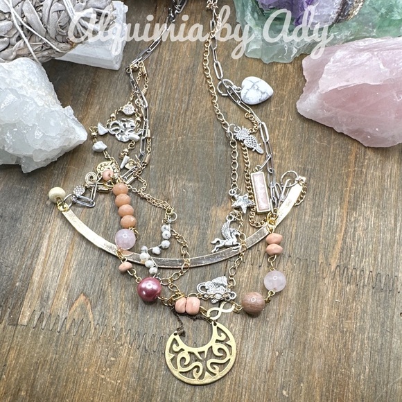Pink quartz Howlite flower agate chunky layered multi charms necklace - Picture 2 of 5
